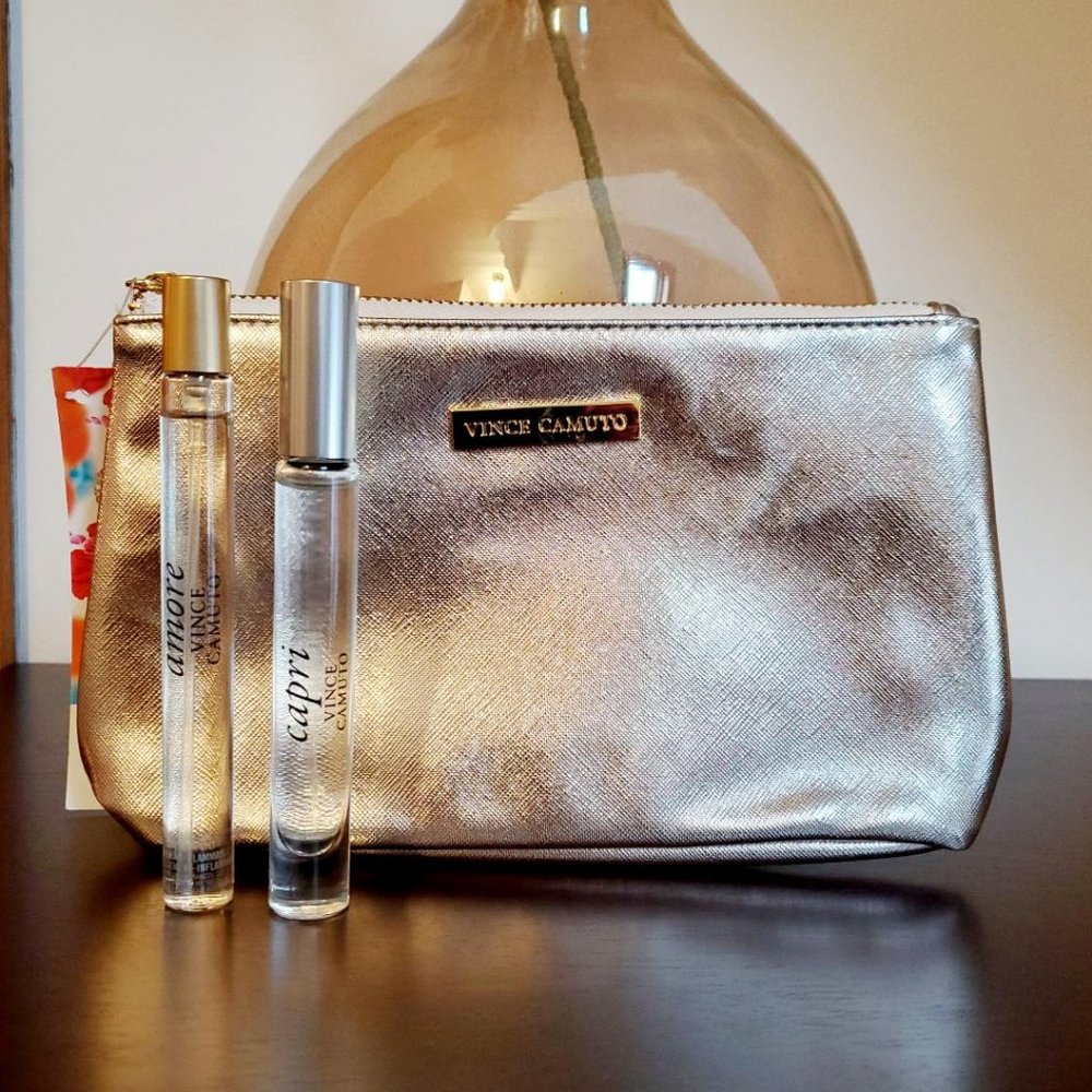 Vince Camuto Gold Cosmetic Bag Clutch CAPRI Rollerball AMORE Travel Purse Spray